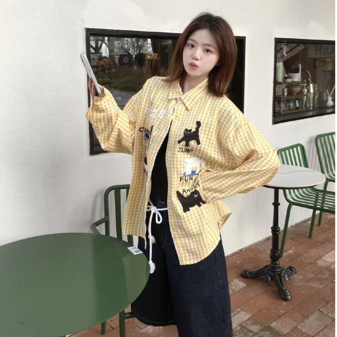 Cute Print Ginham Long Sleeve Shirt (Blue, Yellow)