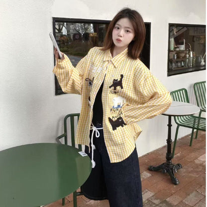 Cute Print Ginham Long Sleeve Shirt (Blue, Yellow)