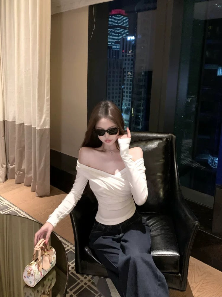White Thin V Collar Long Sleeve Top