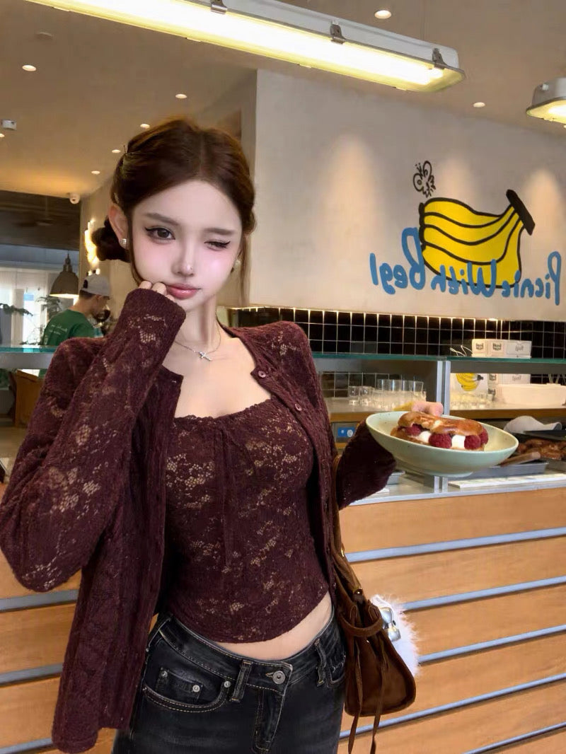 Embroidery Laces Top + Cardigan Two Piece Set