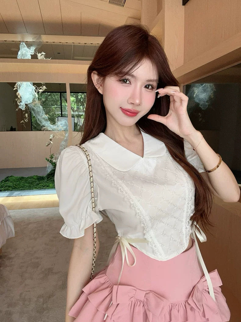 Waist Ribbon Puff Sleeve White Top