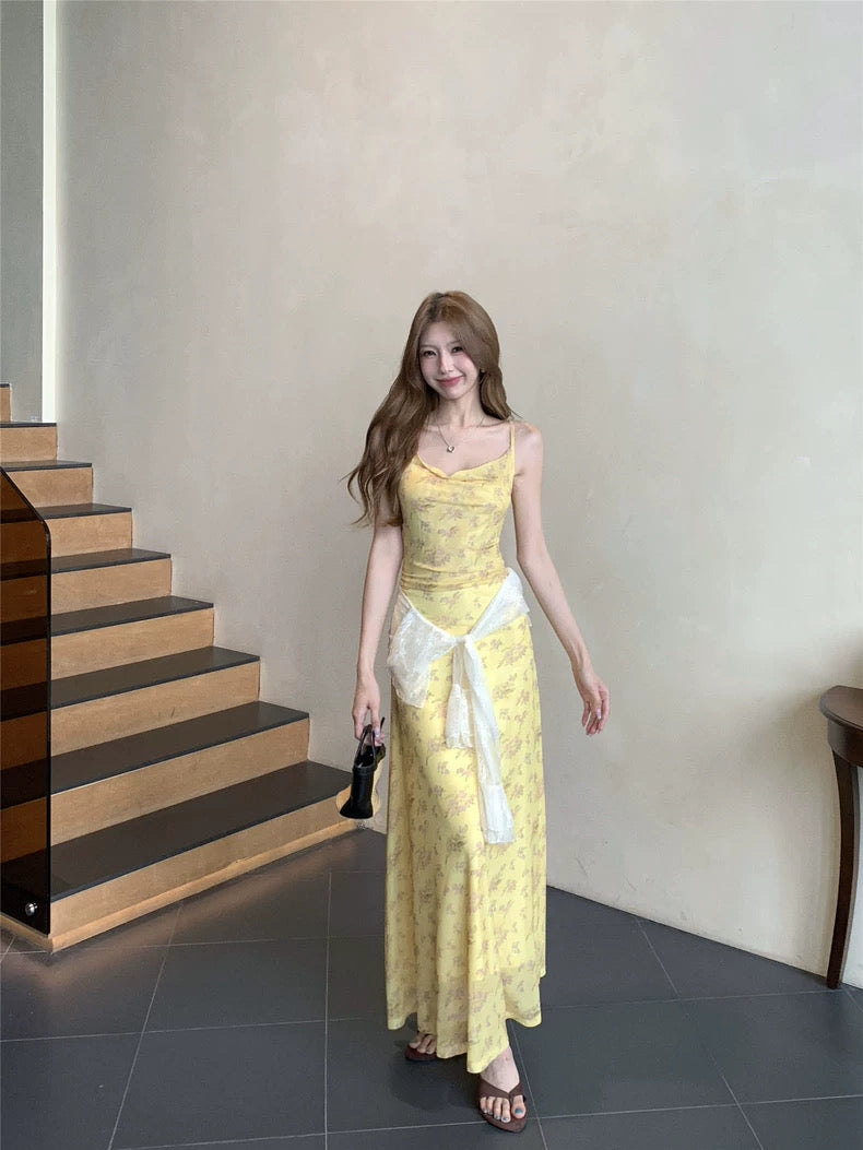 Mini Floral Yellow Mesh Maxi Dress