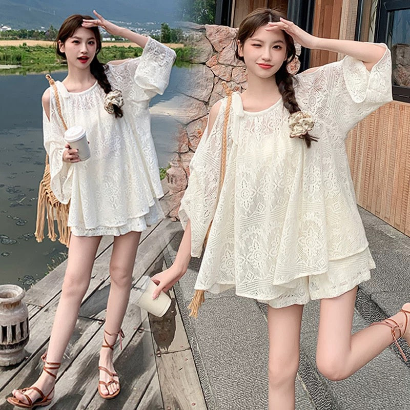 Beige Lace Mom Two Piece Set