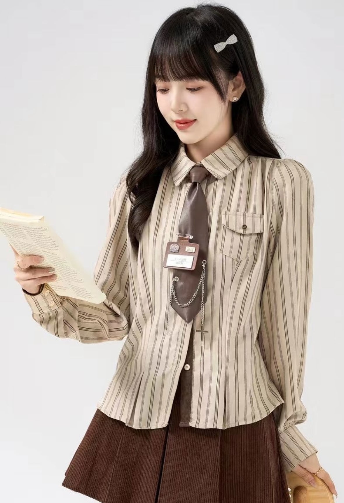 Khaki Stripe Uni Long Sleeve Top With Tie &amp; Tag
