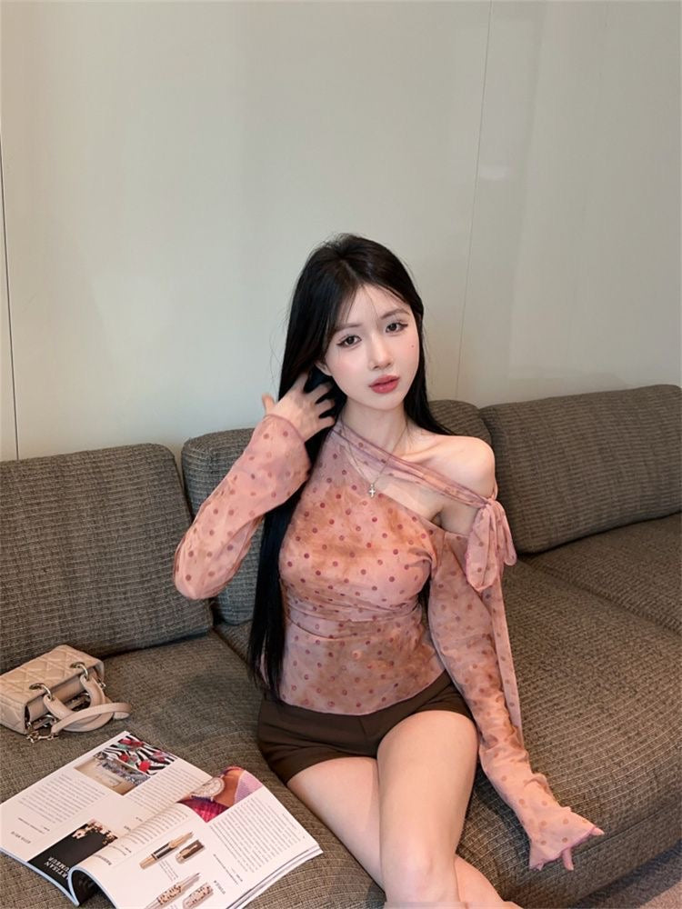 Mini Dot Off Shoulder Long Sleeve Mesh Top