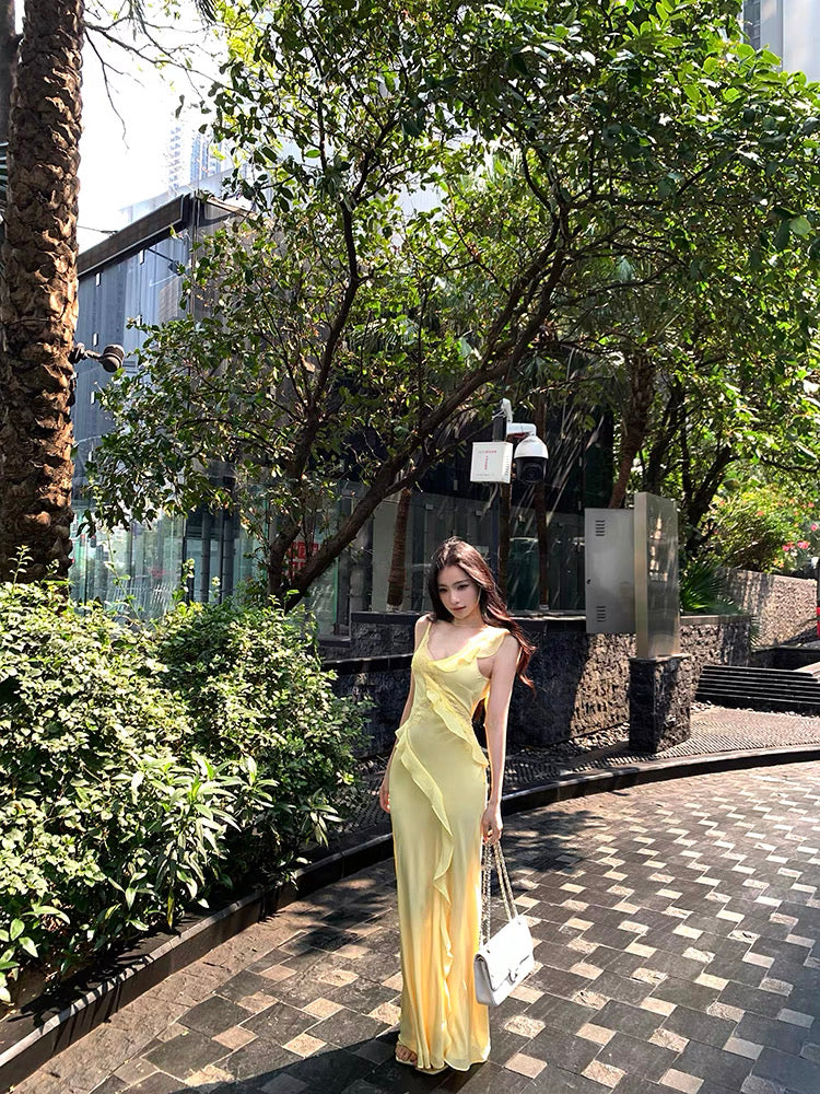 Side Flare Strap Mix Lace Long Dress (Yellow, Black)