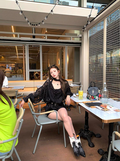 V Collar Lantern Sleeve Thin Top (Black, Red)