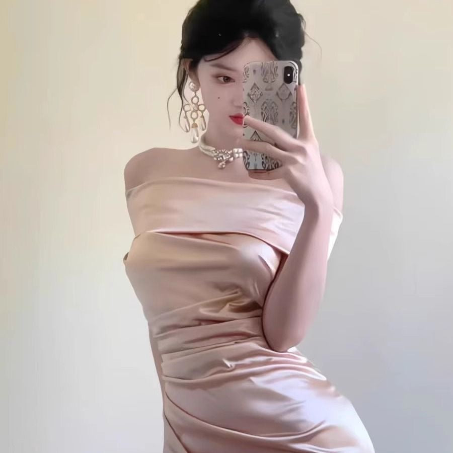 Silky Champagne Off Shoulder Maxi Long Dress (S)