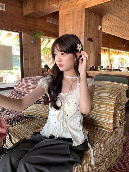 Cream Polka Dot Top With Collar Strap