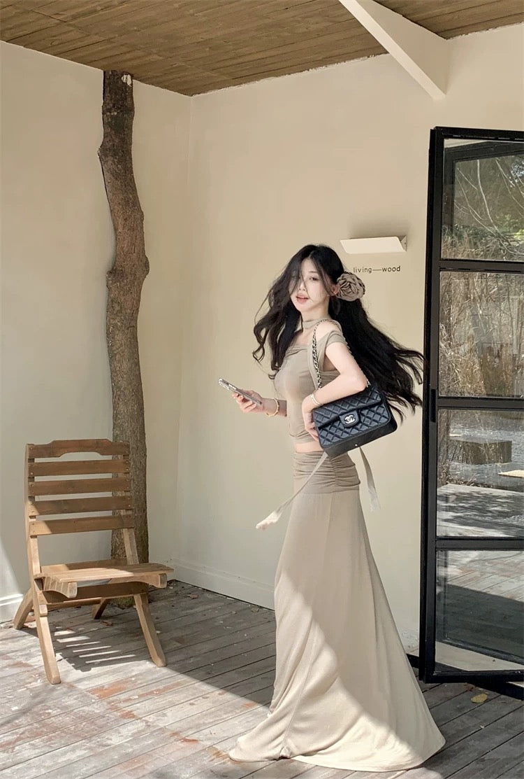 Milk Tea Off Shoulder Top + Long Skirt + Strap Three Pieces Set