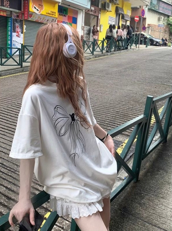 White Ribbon Oversize T Shirt Top
