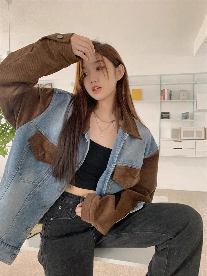 Denim Mix Brown Collar Sleeve Jacket