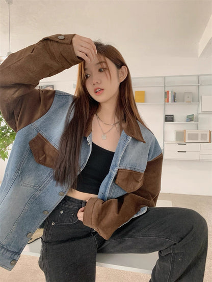 Denim Mix Brown Collar Sleeve Jacket