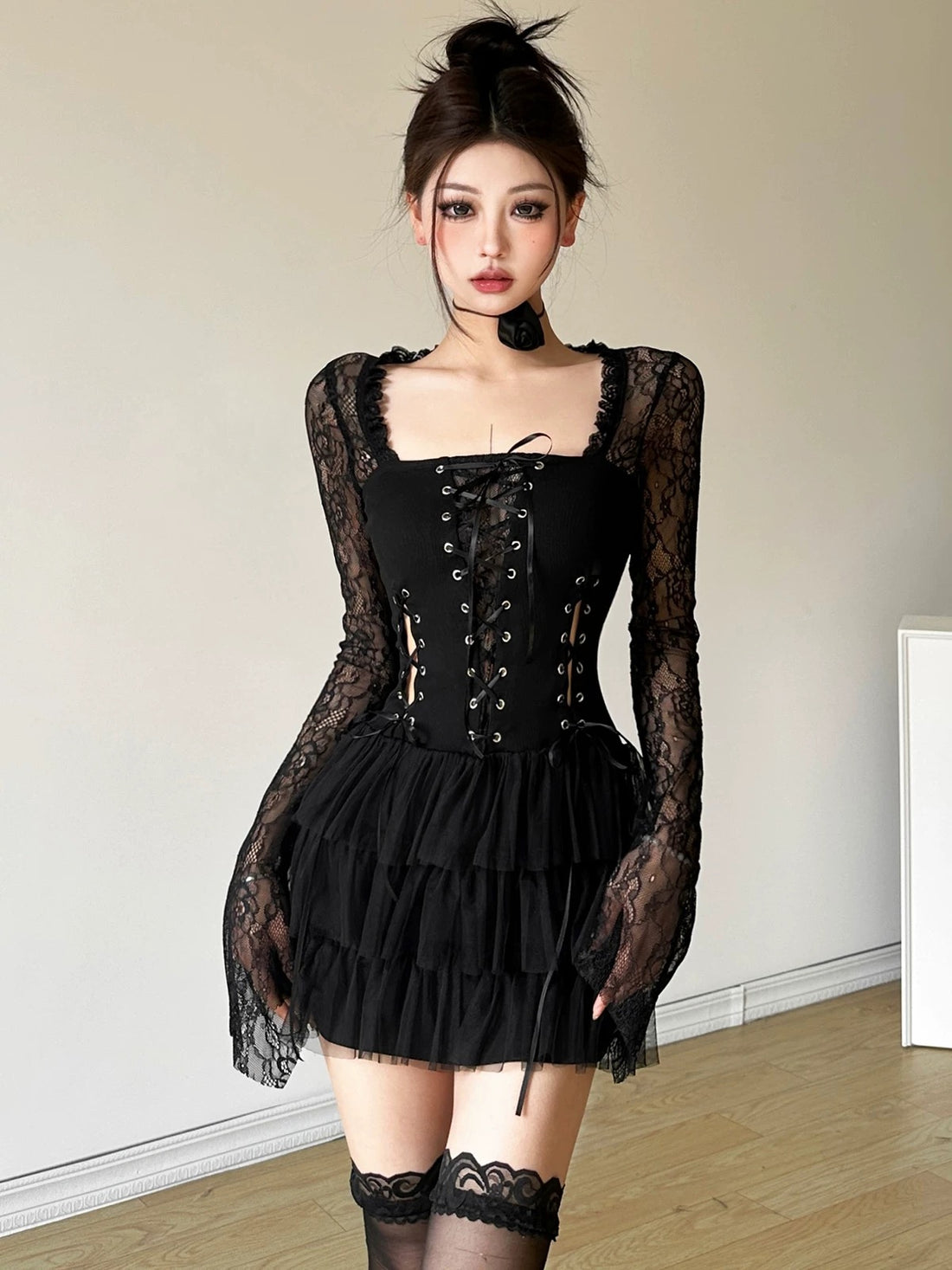 Lacey Square Collar Black Dress (S, M)