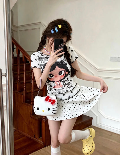 Black Dot White Mesh Top