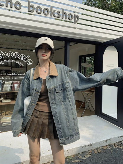 Denim Mix Brown Collar Jacket