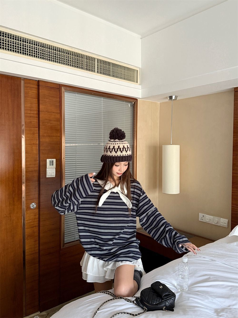 White Collar Stripe Navy Long Sleeve Top