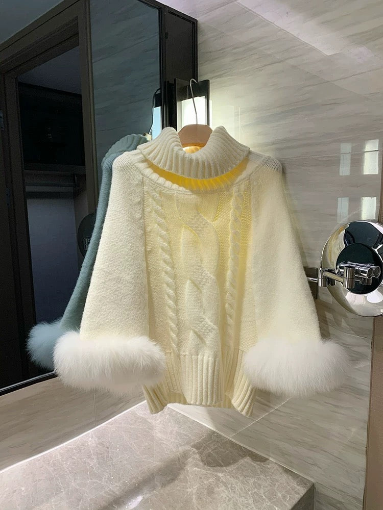 Fur Sleeve Multi Wear Collar Knitted Top (Cream, Brown)