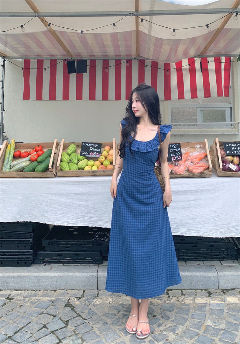 U Collar Navy Long Dress (L)