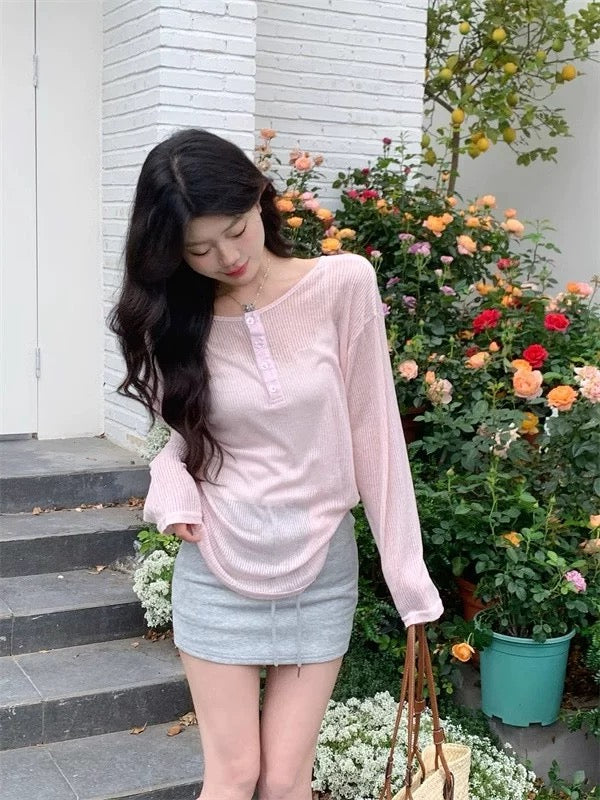 Pink Thin Knitted Long Sleeve Top