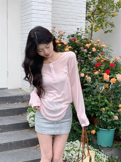 Pink Thin Knitted Long Sleeve Top
