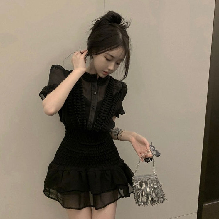 Mesh Puff Sleeve One Piece Dress