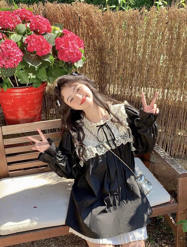 Laces Collar Black Long Sleeve Top