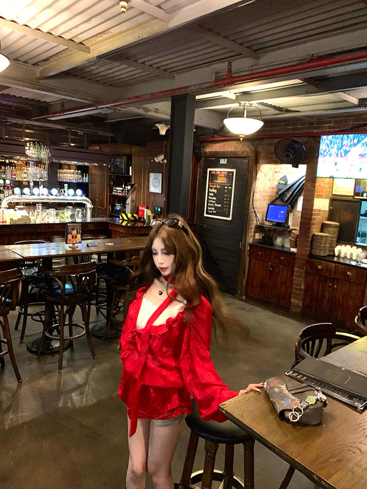 V Collar Lantern Sleeve Thin Top (Black, Red)