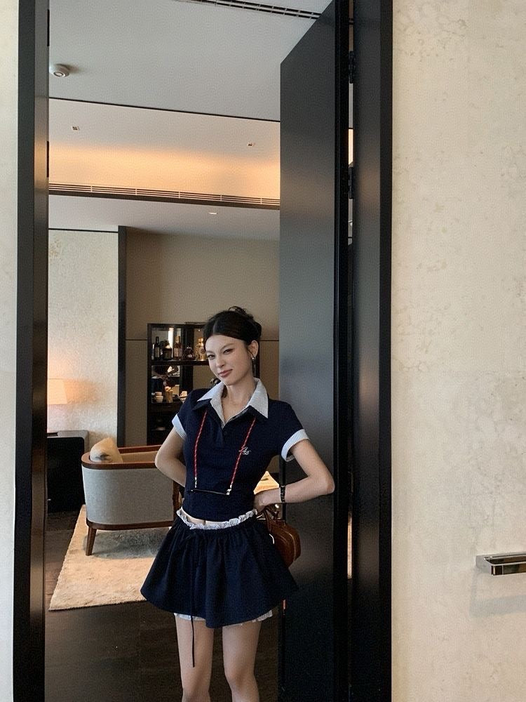 Navy Top + Skirt Two Piece Set (S,M）