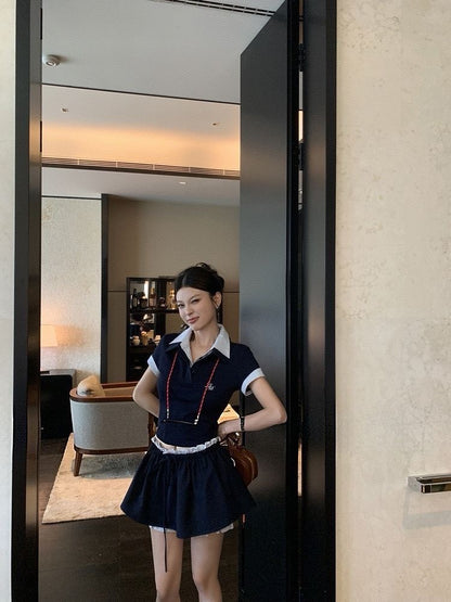 Navy Top + Skirt Two Piece Set (S,M）