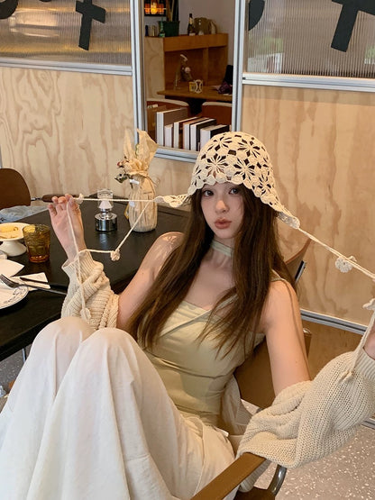 Beige Strap Knitted Embroidery Hat