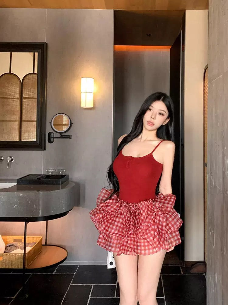 Red Top + Ginham Mesh Mini Skirt SK16