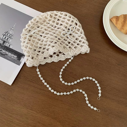 Pearl Ribbon Knitted Embroidery Hat (Red)