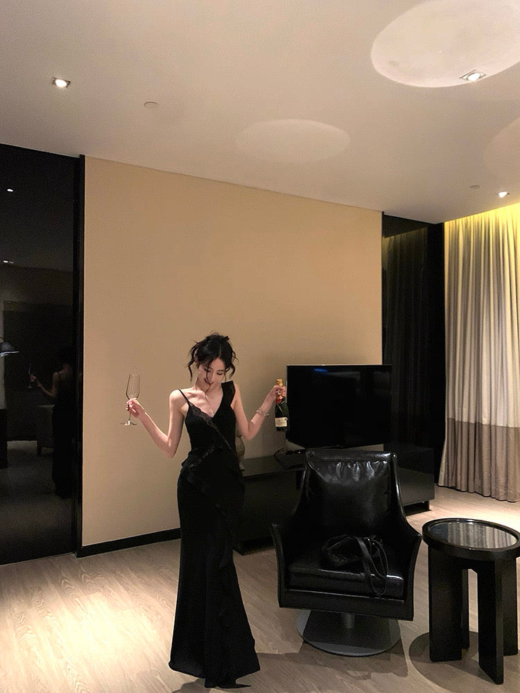 Side Flare Strap Mix Lace Long Dress (Yellow, Black)