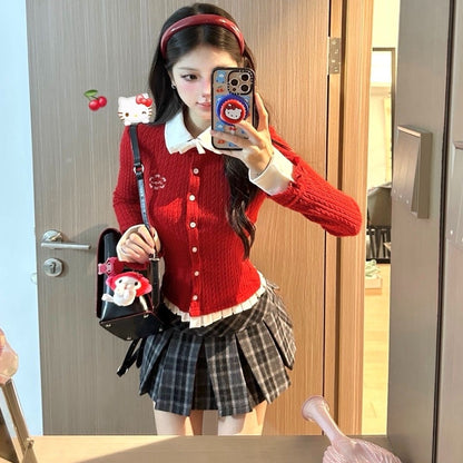 Cute Collar Red Long Sleeve Knitted Top