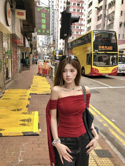 Red Off Side Shoulder Sleeve Top