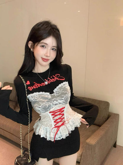 Lace Up Black Long Sleeve Crop Top