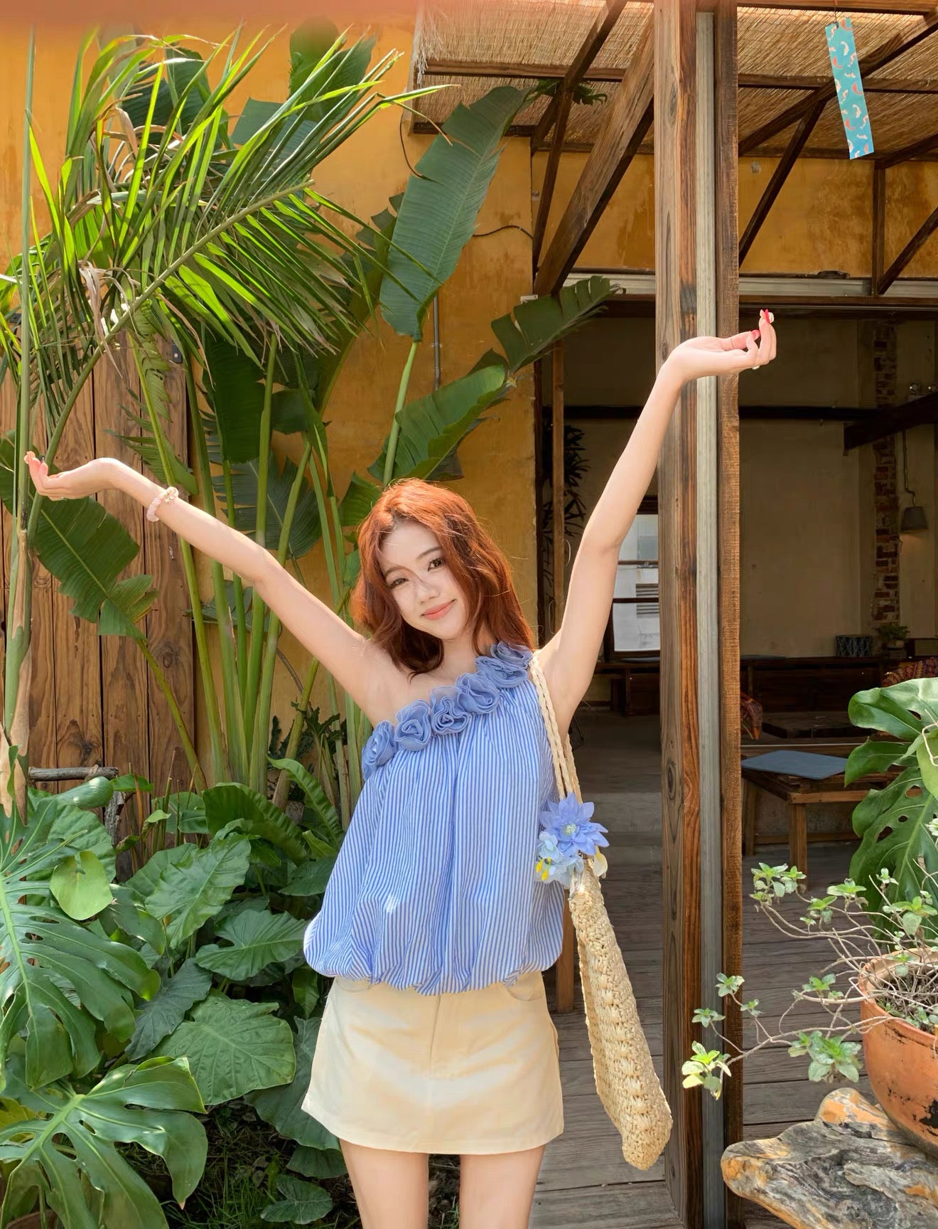 3D Rose Collar Off Side Shoulder Top
