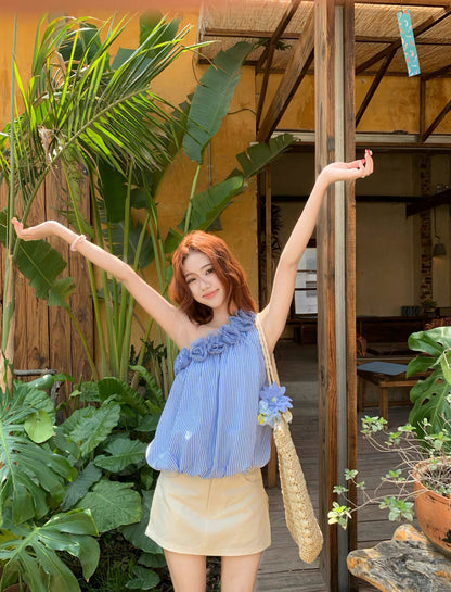 3D Rose Collar Off Side Shoulder Top
