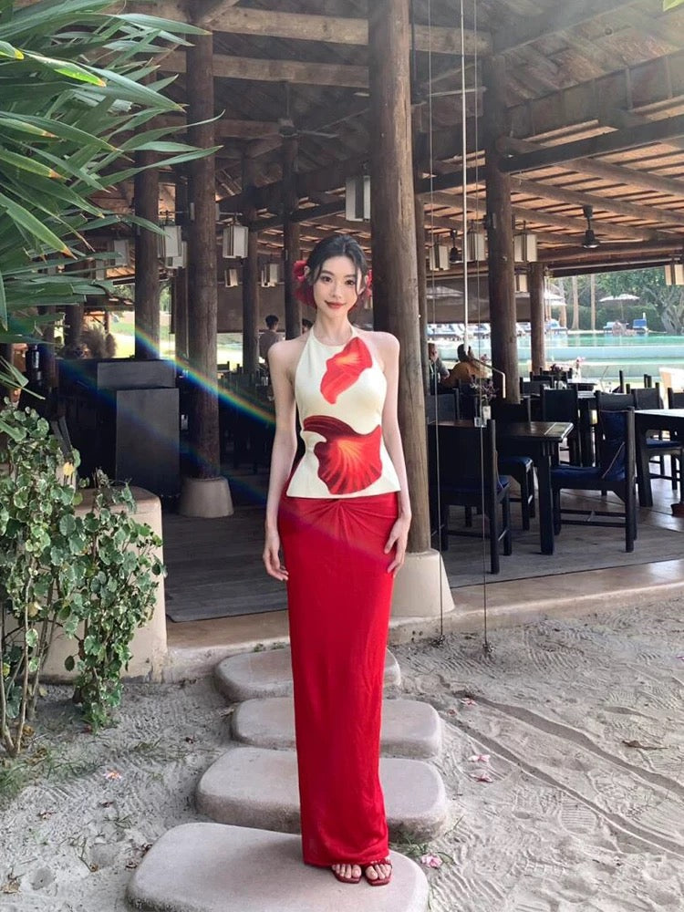 Red Flo Top + Red Skirt Two Piece Set (S)