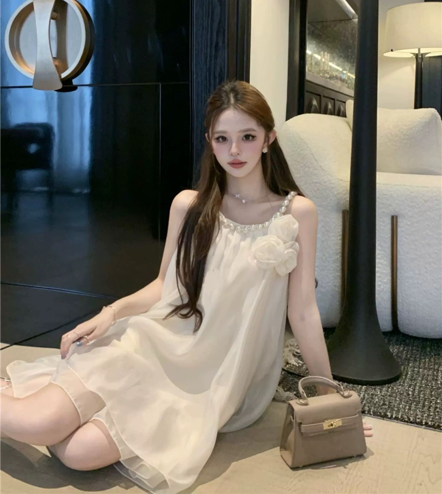 Chiffon 3D Roses Mini Dress