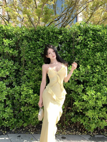 Side Flare Strap Mix Lace Long Dress (Yellow, Black)