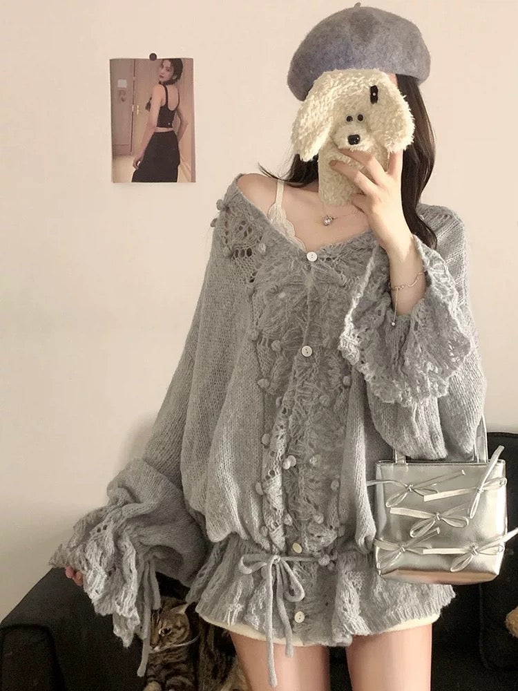 Lantern Sleeve Knitted Cardigan Top