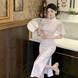 Floral Short Sleeve Cheongsam Long Dress (S, M, L)