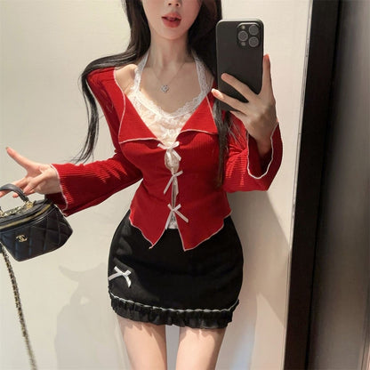 Mix White Laces Red Long Sleeve Top