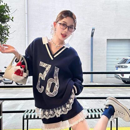 No.65 Premium Navy Sweater Top + Shorts Two Piece Set