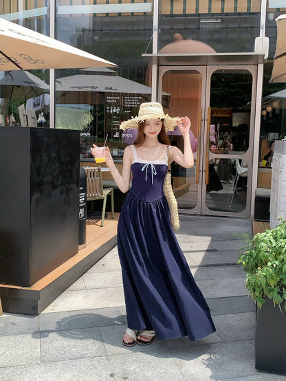 Laces Strap Navy Long Dress