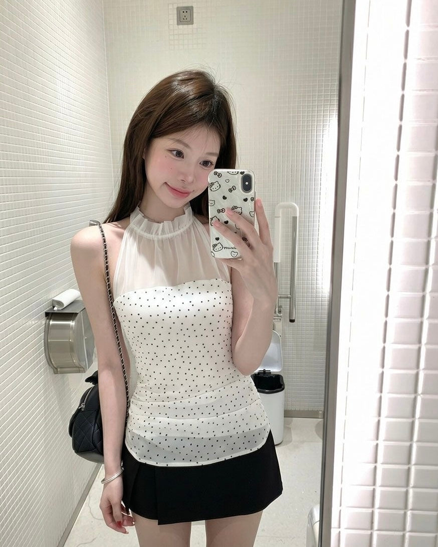 Polka Dot Top White Mix Mesh Top