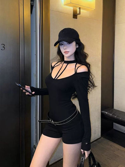 Black Halter Collar Long Sleeve Romper