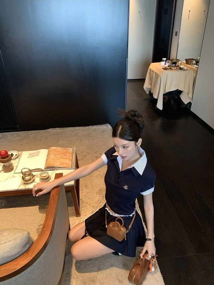 Navy Top + Skirt Two Piece Set (S,M）